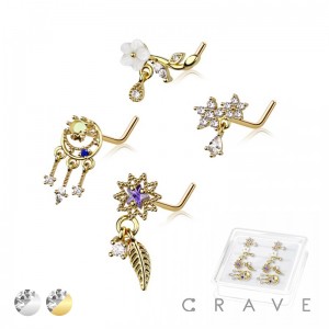 8PCS OF ASSORTED CZ DANGLE 316L SURGICAL STEEL L-SHAPE NOSE STUD BOX